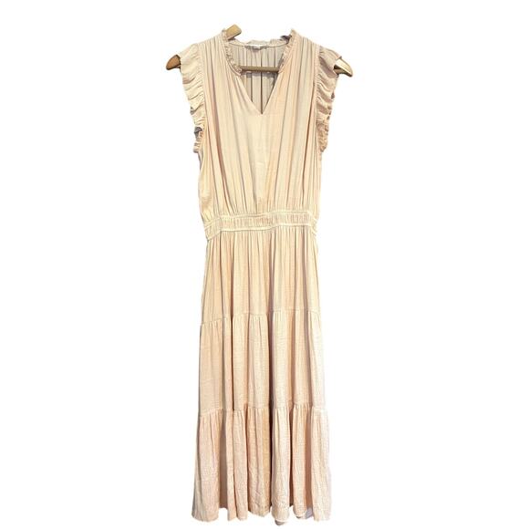 GRADE & GATHER Satin Tiered Midi Dress Flutter Sleeve Pockets FEMININE Small S - Picture 1 of 6